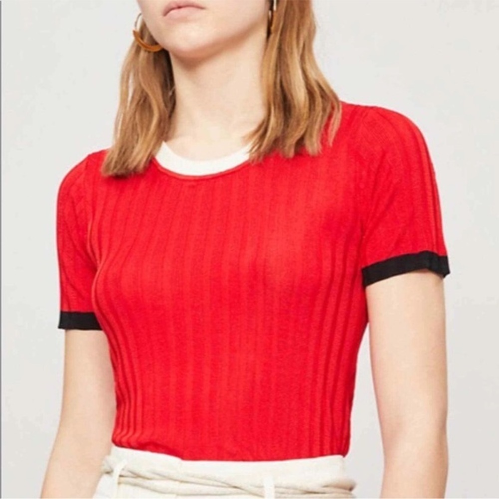 Sandro Red Ribbed Top Tee Short Sleeve Pullover Small